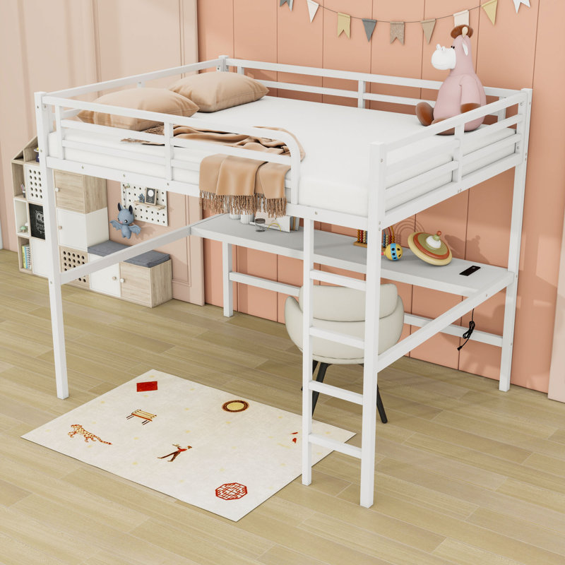Queen Metal Loft Bed With Built-In-Desk And USB Charging Station And LED