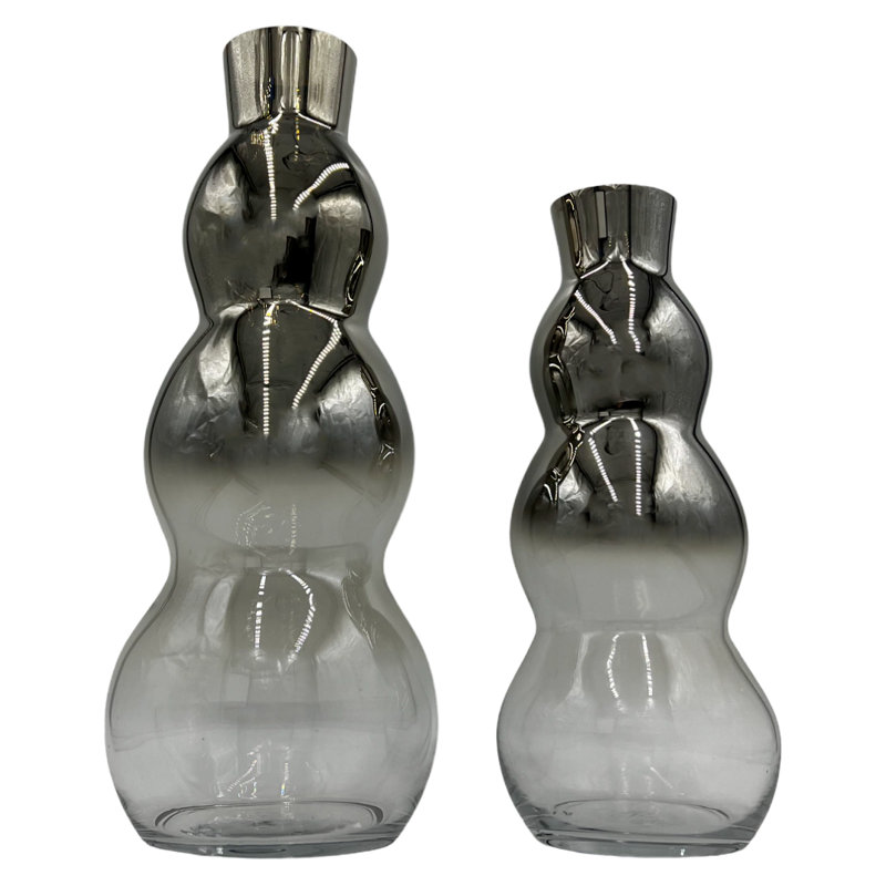 Set of Two Decorative Modern Silver Gourd Stacked Handmade Glass Flower Vase