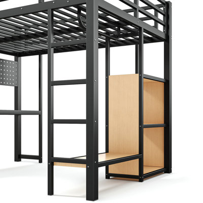 Full Loft Bed with Storage Shelves and Desk, Metal Loft Bed with USB Ports, Lights, and Hanging Rod, Cave Board Design, Black