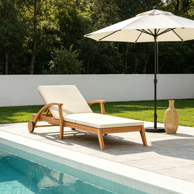 Acacia Wood Outdoor Chaise Lounge Chair with Wheels and Adjustable Backrest