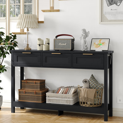 Ayjah 51.2" Wood Console Table with Charging Station and 3 Drawers,Rattan Entry Table for Entryway