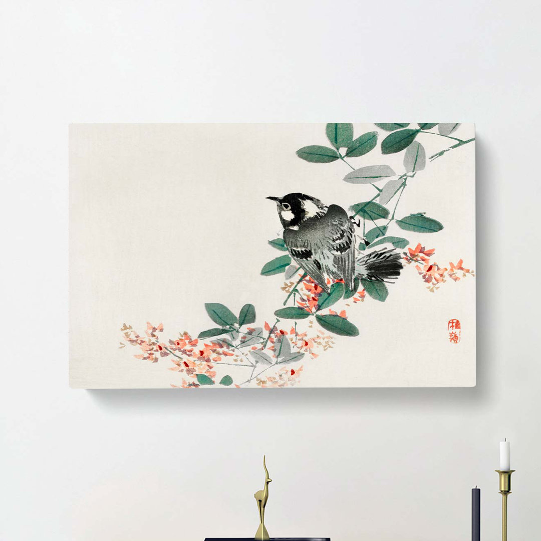Chickadee Bird with Orange Flowers by Kono Bairei - Wrapped Canvas