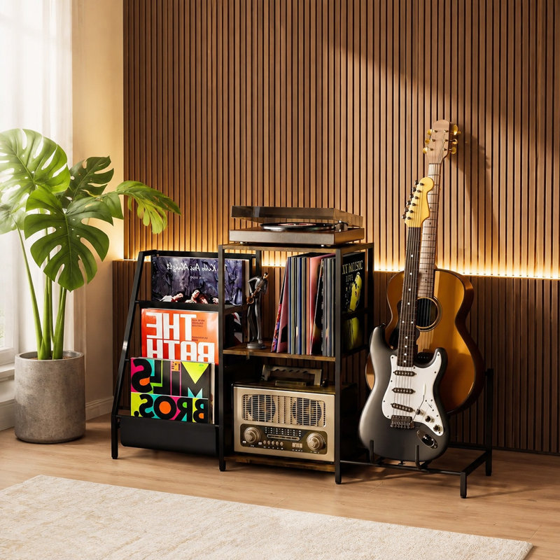 Record Player Stand with Guitar Rack, 3 Tier Vinyl Record Storage, Holds 2 Guitars, All-in-One Music Shelf