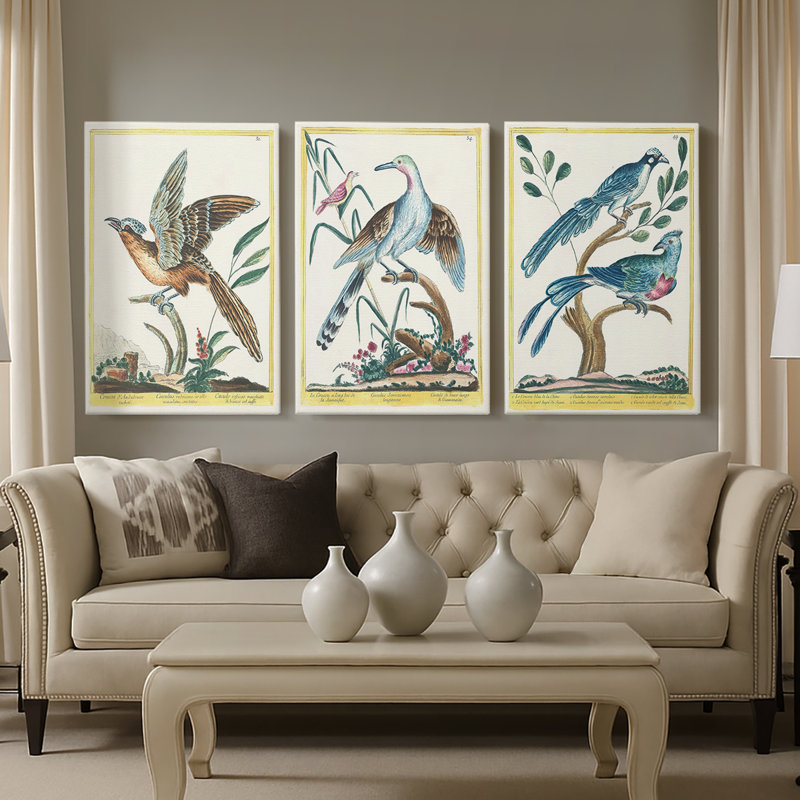 Pastel Birds IV - Toile tendue avec châssis sur mesure - 3 pièces, H 60 po x l 120 po