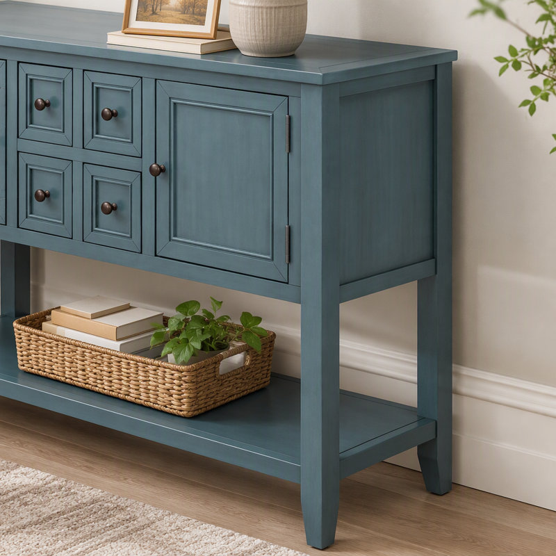 Console de rangement rétro avec quatre petits tiroirs et une tablette inférieure, Bleu très foncé