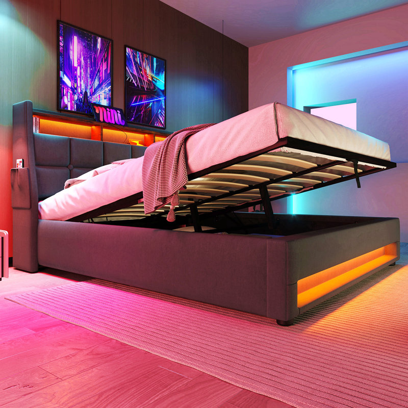 Lit plateforme tapissier double avec système de rangement hydraulique, chargement DEL et USB, gris (sans matelas), Double
