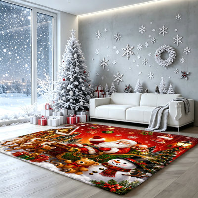 Christmas Santa Claus Sleigh Reindeer Snowman Area Rug, Festive Holiday Home Decor Carpet, Non-Slip Washable Indoor Floor Mat for Living Room, Bedroom, Entryway, Festive Gifts and Decorations