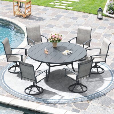 6-Person Outdoor Patio Dining Set with 53" Round Dining Table and 6 Swivel PVC-coated polyester Chairs