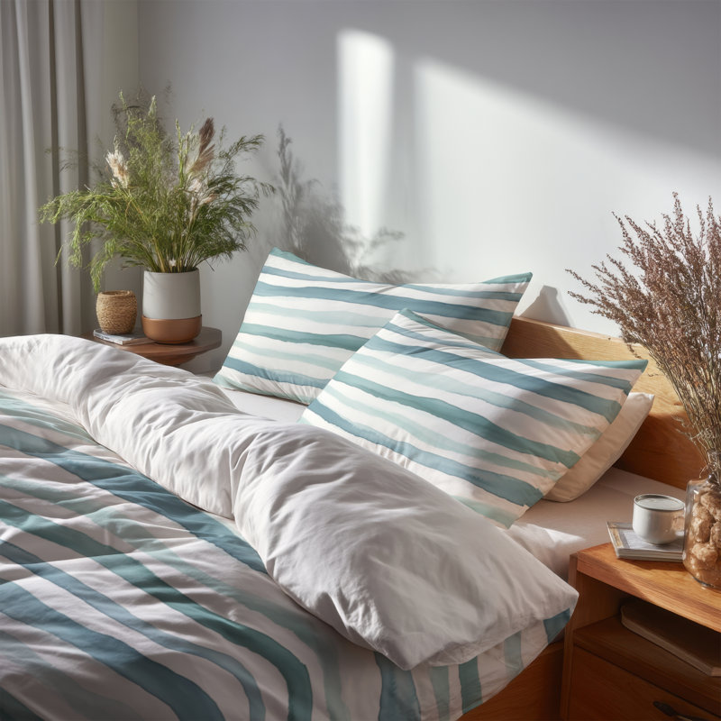 Ensemble de literie moderne 3 pièces - Ensemble de housse de couette et de coussin rayé vert et blanc River Lines