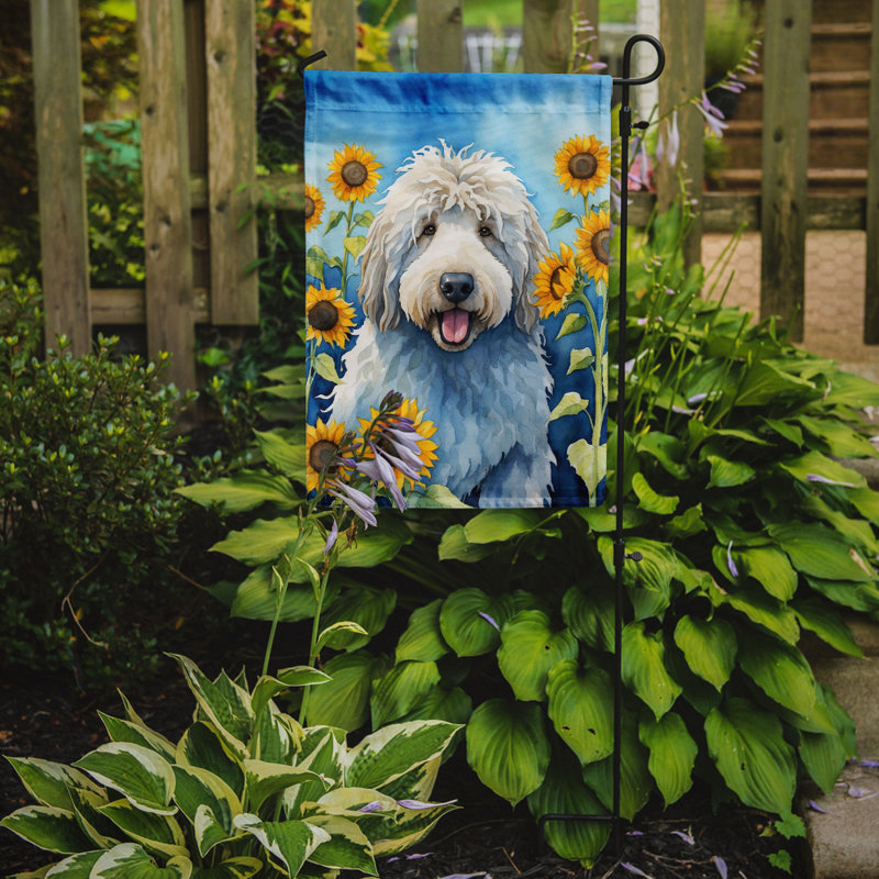 Lévrier irlandais dans le drapeau du jardin de tournesols, Komondor