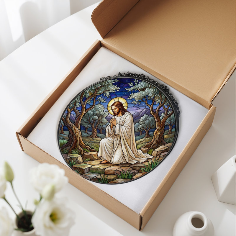 Panneau de vitrail en verre coloré Jesus Prayer, 7,8 heures, H 7,8 po