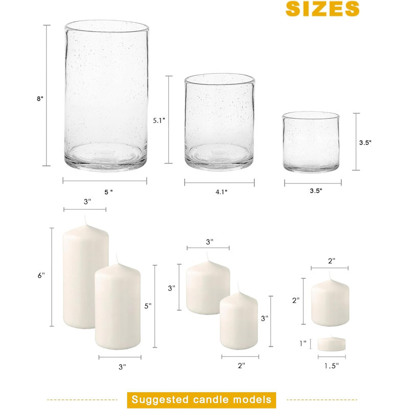Set of 3 Seeded Bubble Glass Hurricane Candle Holders – 3.5", 5", 8" Heights, Clear Glass for Pillar & Votive Candles, Wedding & Table Centerpiece Decor