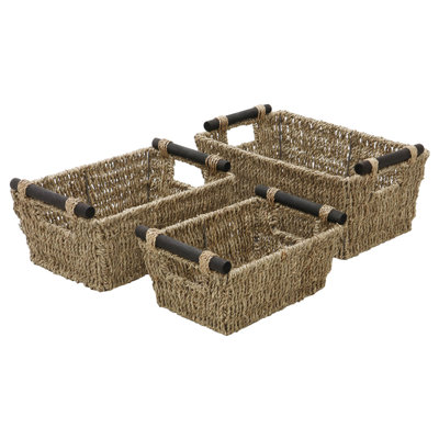 MantraRaj Seagrass General Basket Set 3 Storage Baskets with Wooden Handles