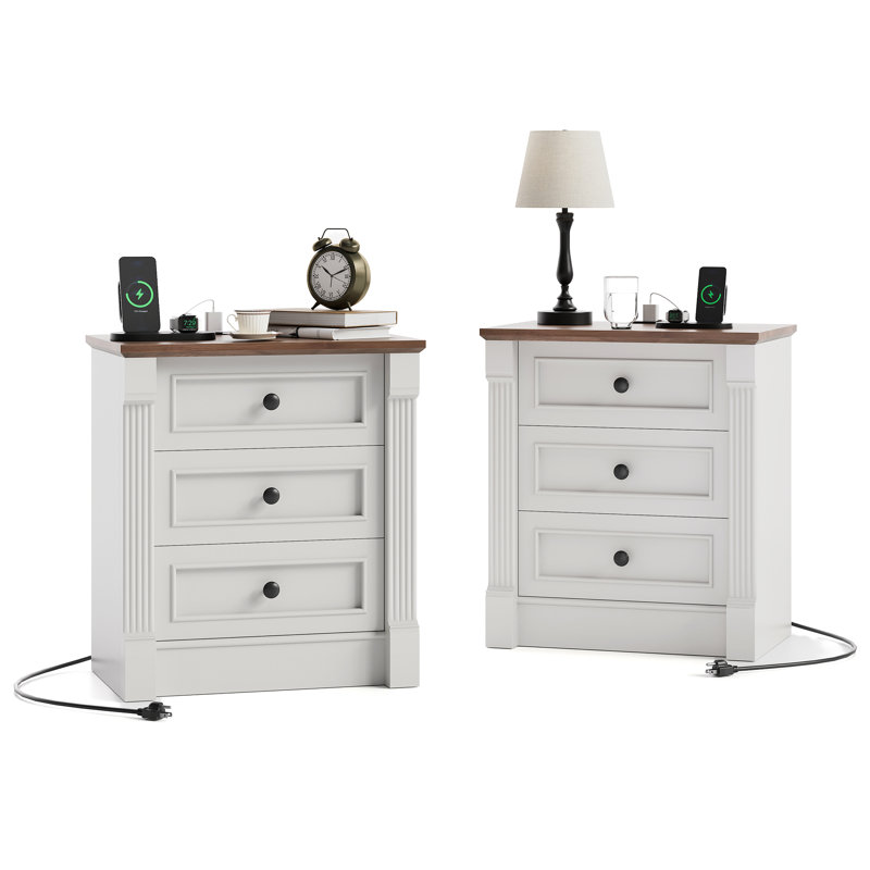23.6" Farmhouse Nightstand with Charging Station, 3-Drawer Bedside Table with Roman Column Legs, Rustic End Table
