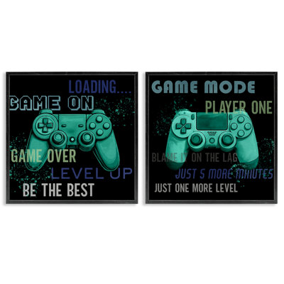 Retro Gaming Phrases Controllers 2pc Framed Giclee Set, design by Kim Allen