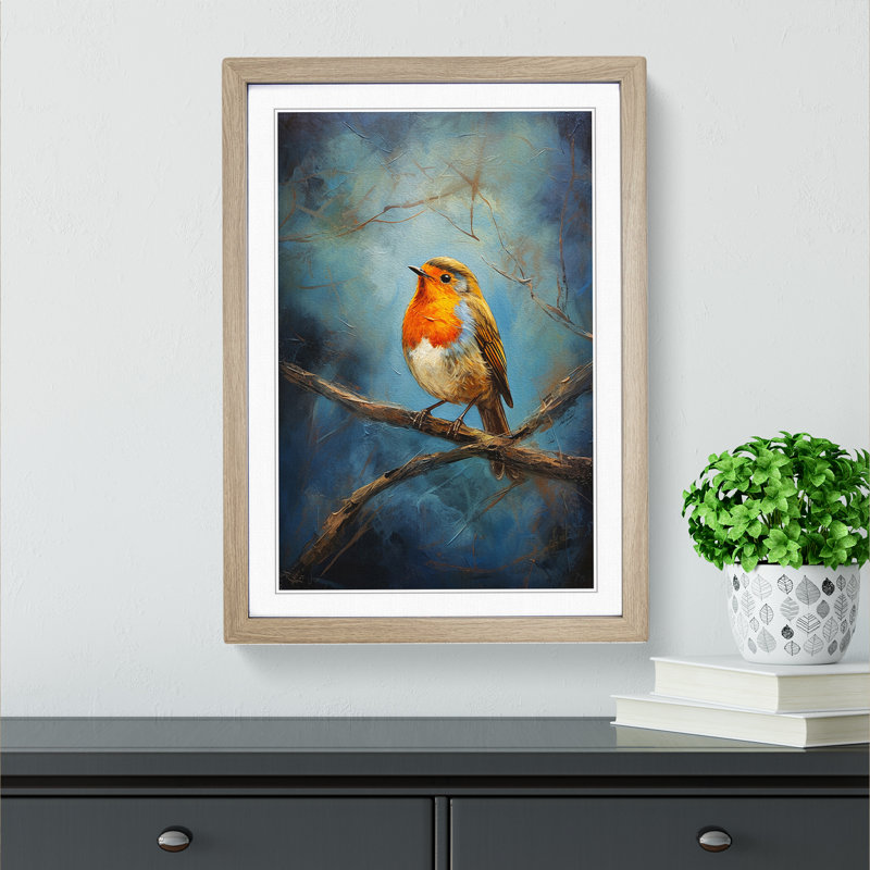 Robin Bird Expressionism No.2 - Single Picture Frame Print on Wood, Oak, 46cm H x 34cm W x 2cm D