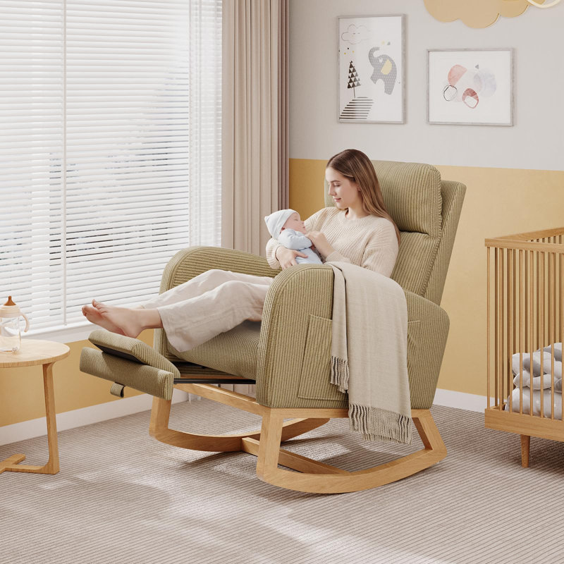 Chaise berçante moderne avec poches latérales et oreiller, Light brown corduroy with footrest