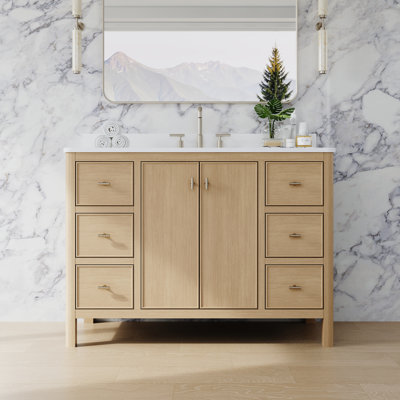 48"Wx35"H Freestanding Light Oak Solid Wood Bathroom Vanity with Quartz Countertop And Undermount Ceramic Single Sink