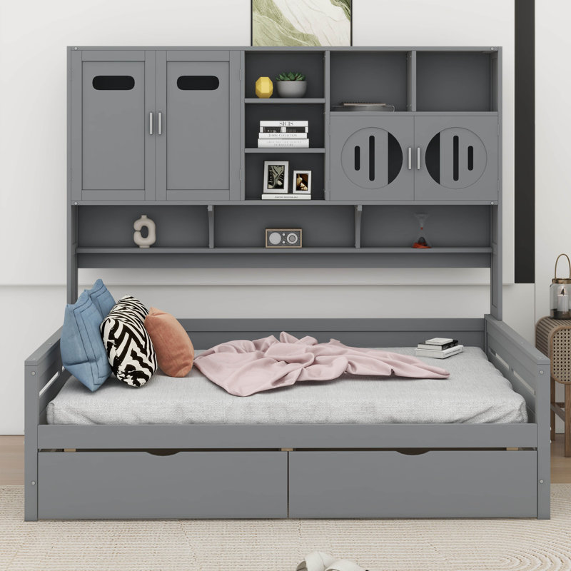  Lit de jour en bois Chaille avec 2 tiroirs, armoire et tablette tout-en-un, Double, Gris