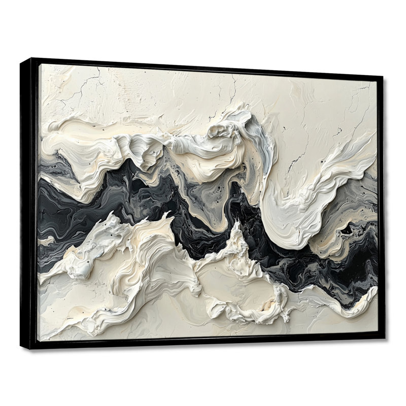 Marbre moderne, transfert de l'encre monochrome V - art mural abstrait en marbre, H 30 po x l 40 po, Cadre flottant, Noir