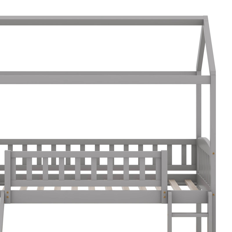 Lit mezzanine simple avec glissade, structure de lit mezzanine en bois avec échelle et toit pour enfants, Gris