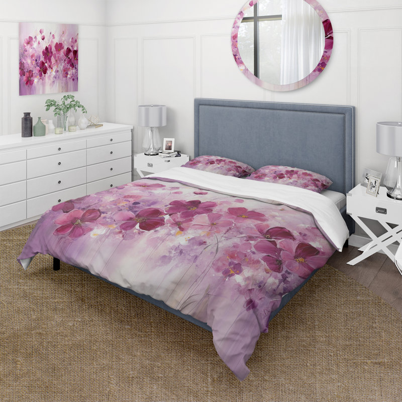 Fuchsia Country Charm Flower's II - Floral Duvet Cover Set - Microfiber Polyester, Queen Duvet Cover + 2 Standard Shams