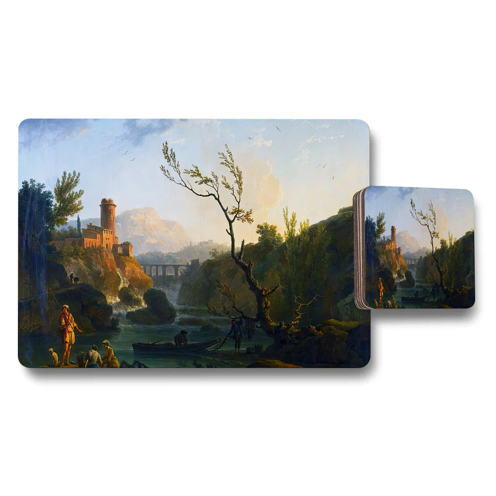 Landscape River Scene Placemats And Coaster Set With Vintage Artwork