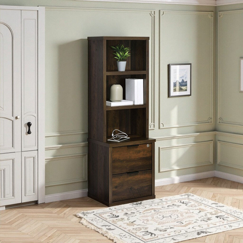 Armoire de rangement verrouillable avec tiroir USB et trois tablettes ouvertes, Brun foncé 