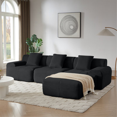 113" Modern L-Shaped Modular Sectional Sofa For Living Room, Corduroy Upholstery Black, Oversized 3-Seater Couch With Deep Seat And Movable Ottoman – No Assembly