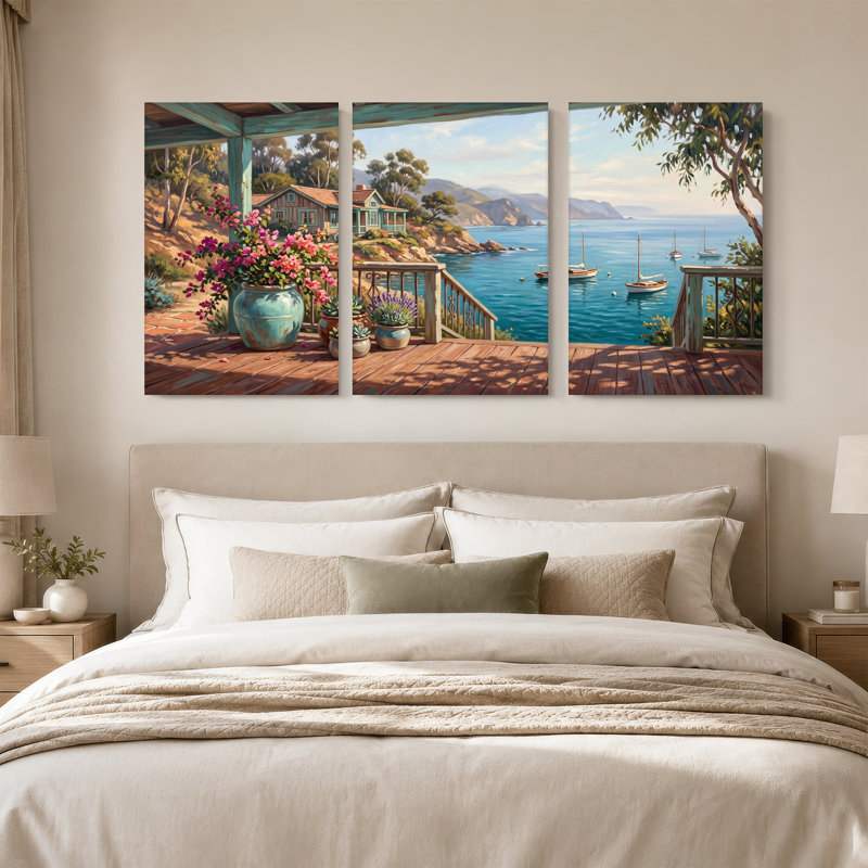 "Coastal Cottage" avec voiliers et fleurs en pot, ensemble de 3 toiles, H 30 po x l 20 po x 3 pièces