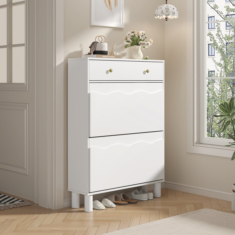 12 Pair Slim Shoe Storage Cabinet with 2 Flip Drawers & Drawer, White
