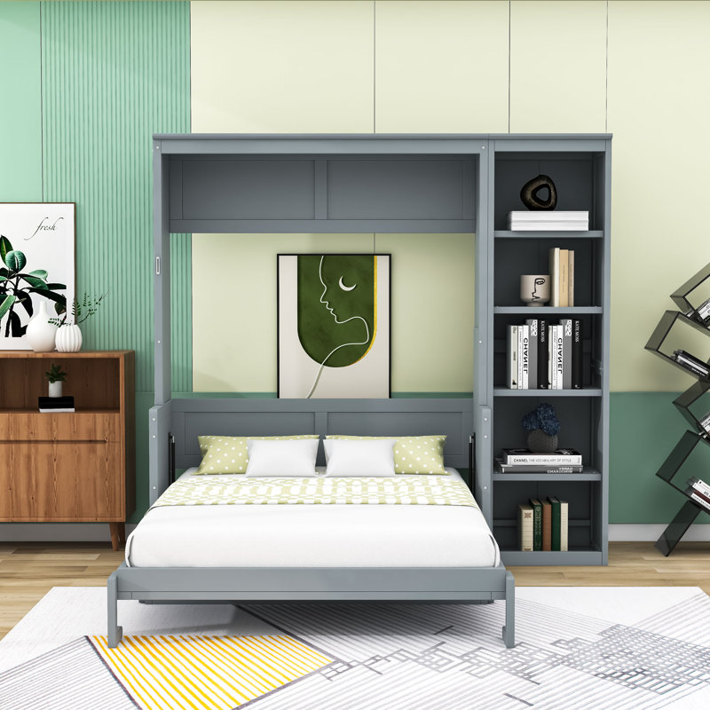 Lit escamotable en bois avec bureau et tablettes latérales, gris, Complète