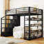 Lit mezzanine double en métal avec tablettes de rangement, armoires et garde-robe, noir