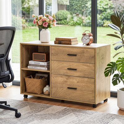 Classeur latéral mobile avec tiroirs et tablettes, armoire de rangement à roulettes, brun