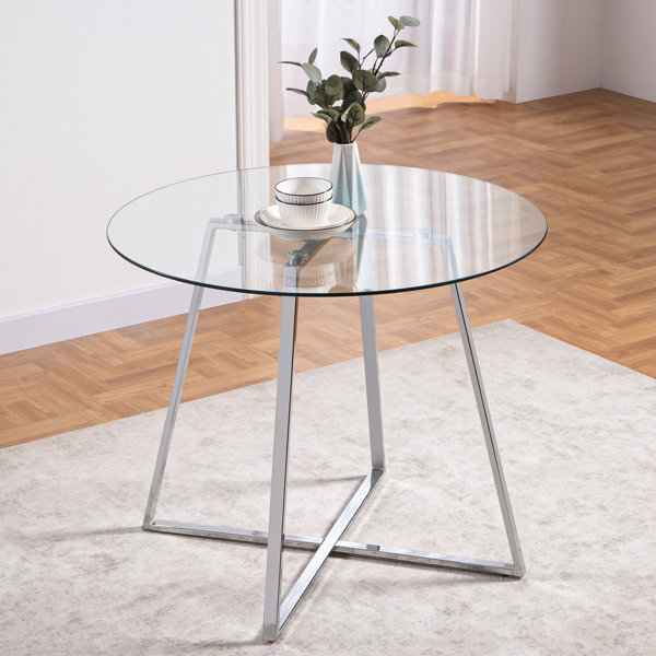 Wrought Studio 40 Luna Round Glass Top Dining Table w/Sturdy Metal Legs, Sleek Design for Dining Room, Kitchen & Living Room, Best for Modern Home D
