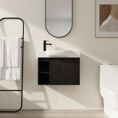 Meuble-lavabo flottant 26 po avec lavabo en céramique blanche et porte à fermeture en douceur