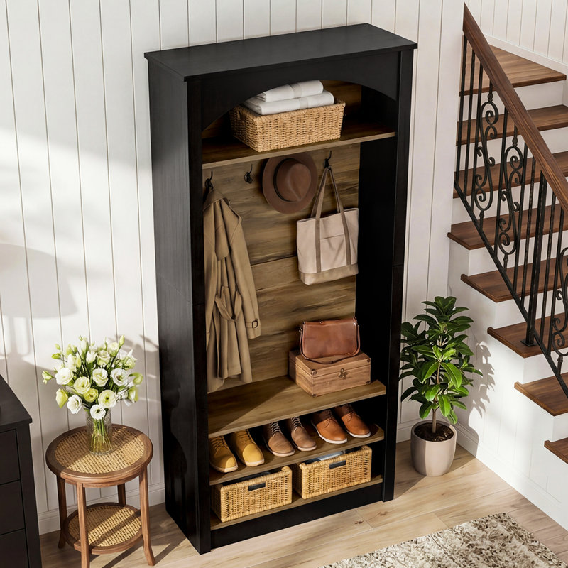31.5'' Wide Hall Tree with Shoe Storage Bench, Tall Entryway Bench with Coat Rack