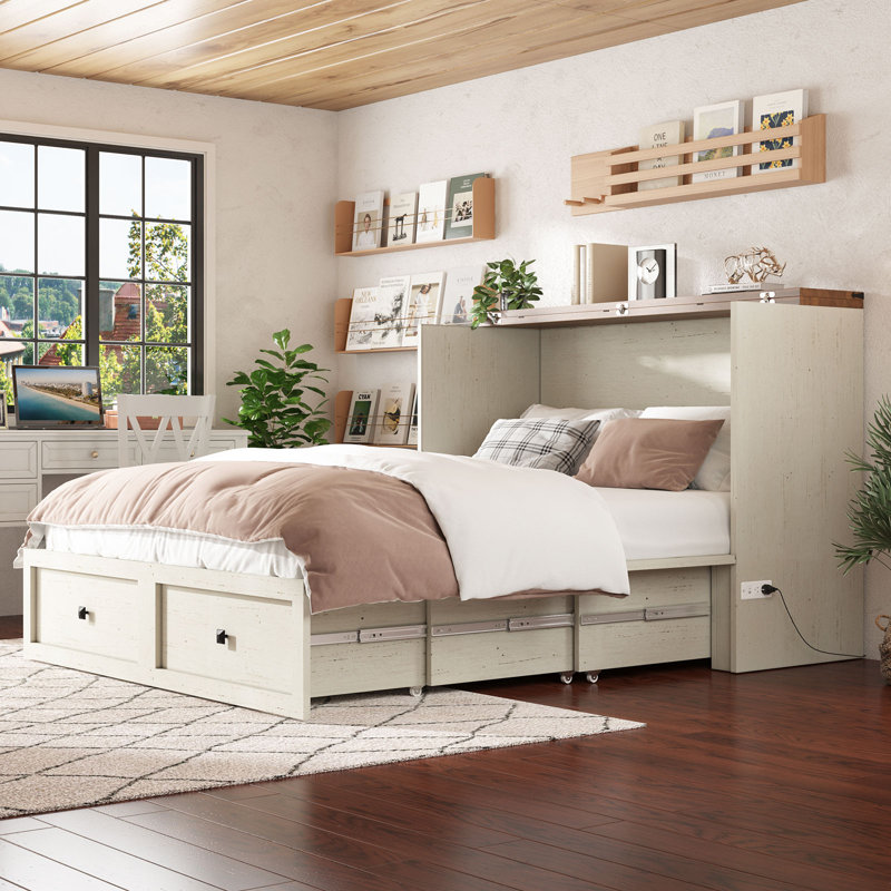Grand lit escamotable avec station de charge et de rangement Revan Farmhouse, blanc, Grand lit, White