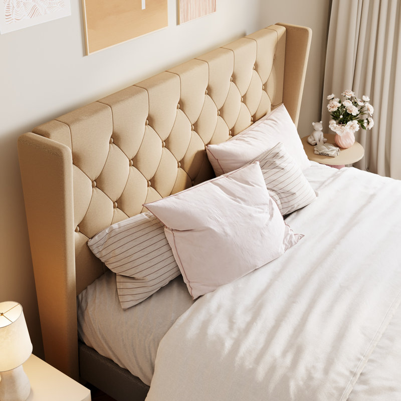 Structure de lit tapissier avec tête de lit Hilbert, Double, Beige