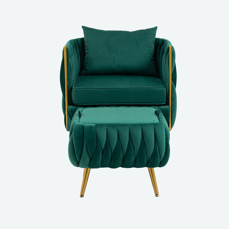Misheel Velvet Barrel Chair with Ottoman, Emerald Polyester