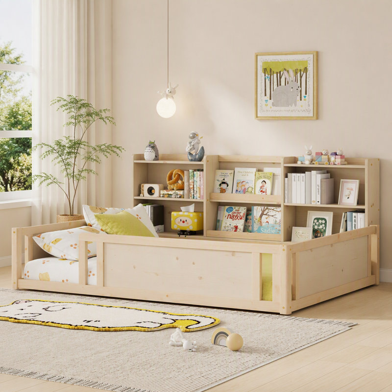 Lit plateforme en bois avec barrière de sécurité et tablettes de rangement pratiques, Double, Naturel