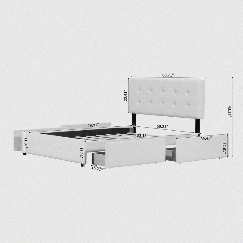 Modern Queen Size Upholstered Platform Storage Bed With Four Drawers, Beige