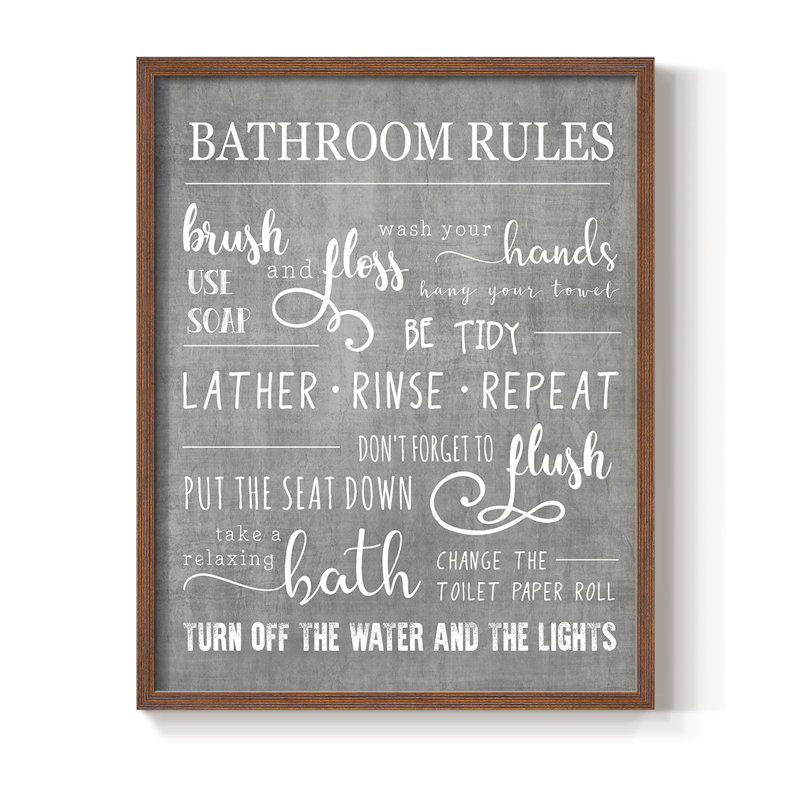 Neutral Bathroom Rules Framed Print - Solid Wood, 15" H x 12" W, Walnut