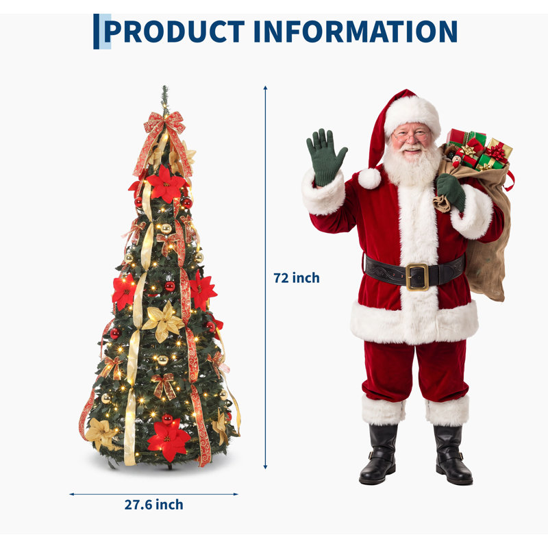 Sapin de Noël artificiel pliable pré-illuminé de 1,80 m avec 200 lumières DEL blanc chaud, 8 modes d'éclairage et décorations rouges et dorées