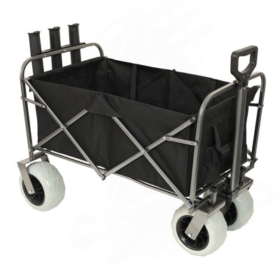 Fishing Cart With Rod Holders ,Beach Wagon With Big Wheels For Sand 500Lbs Capacity - All Terrain Steel Frame Utility Cart With 9" Pneumatic Tires,Strap With Multiuse Bag ,Black