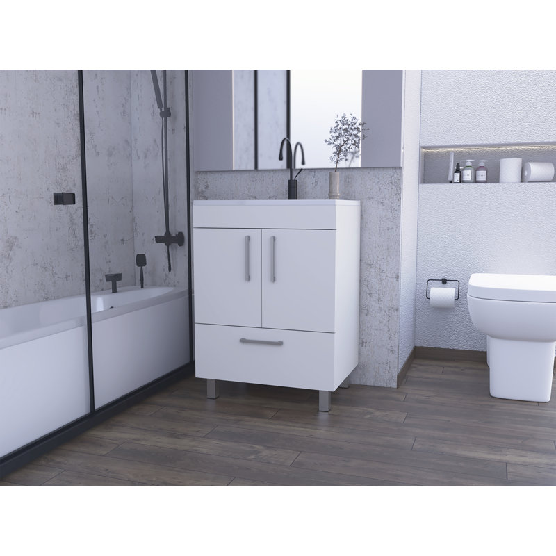 Othello Modern Bathroom Vanity with 2-Door Cabinet, One Draw, 4 Metal Legs, White, White