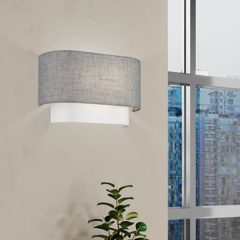 2 Light Brushed Nickel ADA Sconce With Hand Crafted Urban Gray And White Fabric Hardback Shades