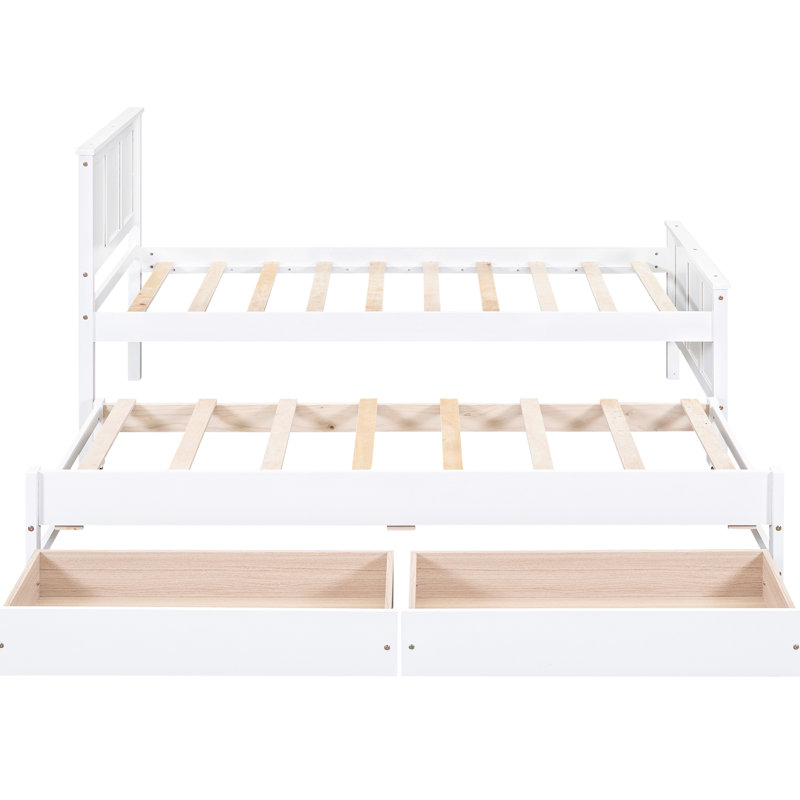 Lit plateforme simple blanc avec lit gigogne et tiroirs - Structure en pin robuste, Blanc