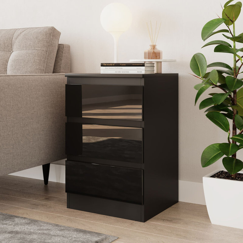 Gloss 3 Drawer Skagen High Wooden Bedroom Chest Cabinet No Handle Drawer Storage, Black