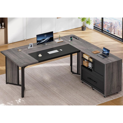 63" Executive Desk With Mobile File Cabinet, L Shaped Desk With Power Outlets, Corner Computer Business Workstation Set